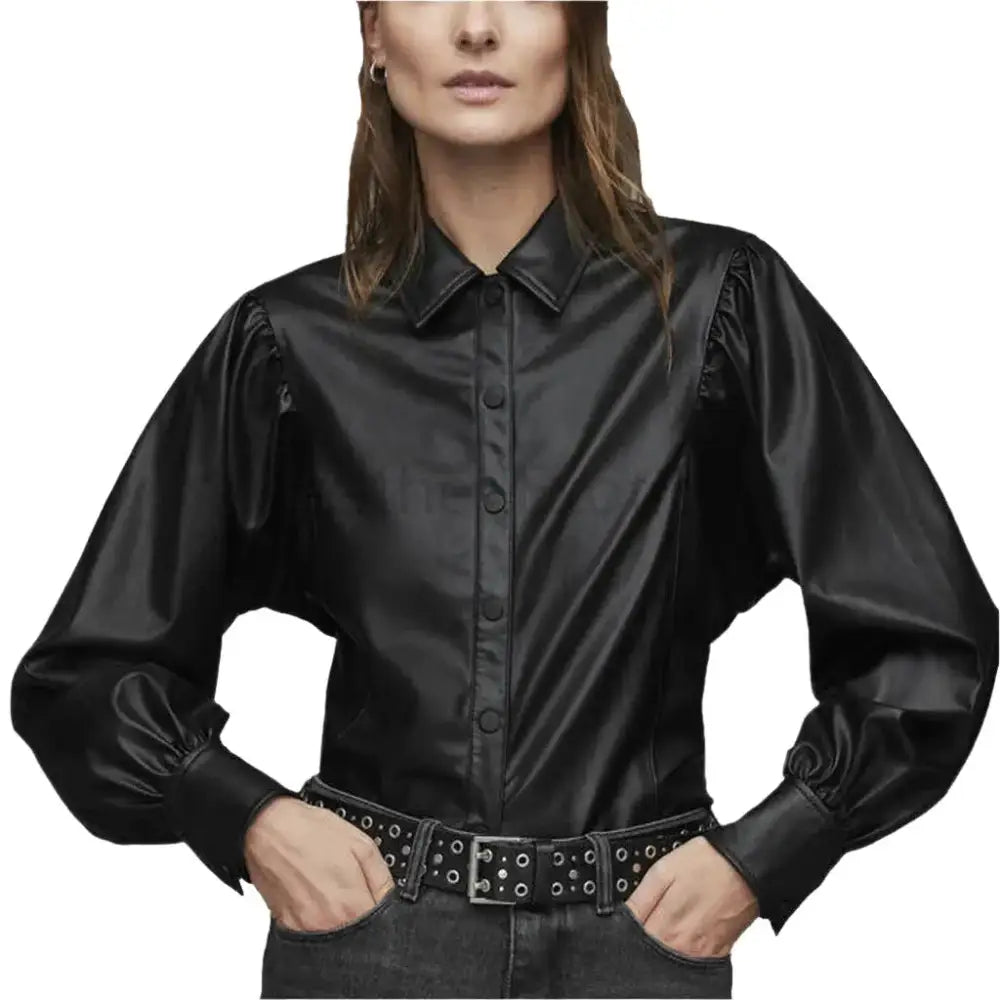 Women’s Classy Black Balloon Sleeve Leather Shirt