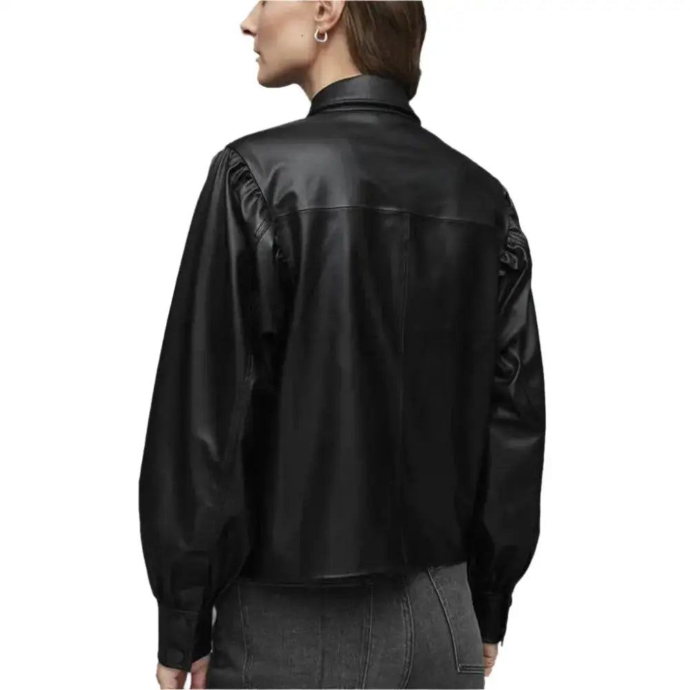 Women’s Classy Black Balloon Sleeve Leather Shirt
