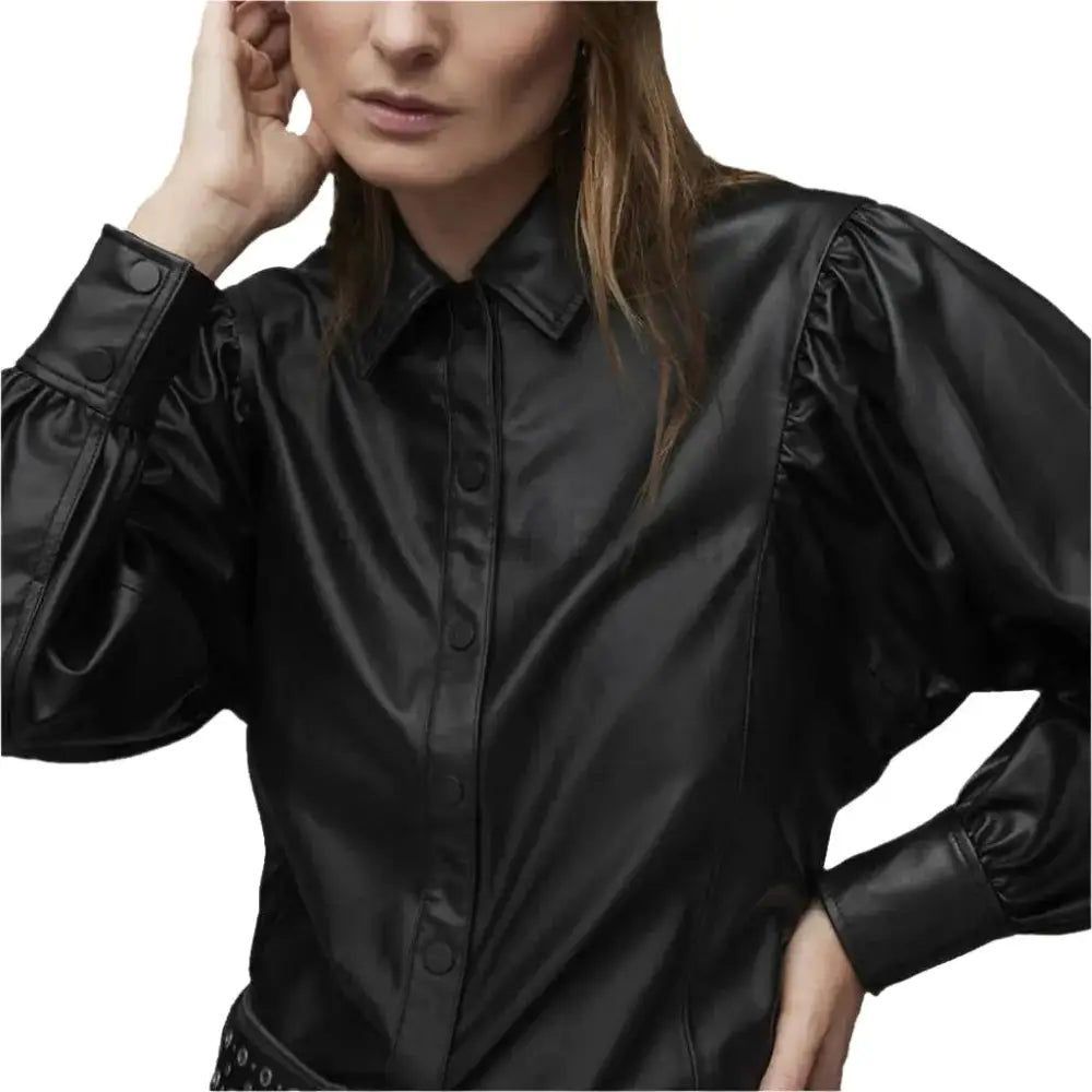 Women’s Classy Black Balloon Sleeve Leather Shirt