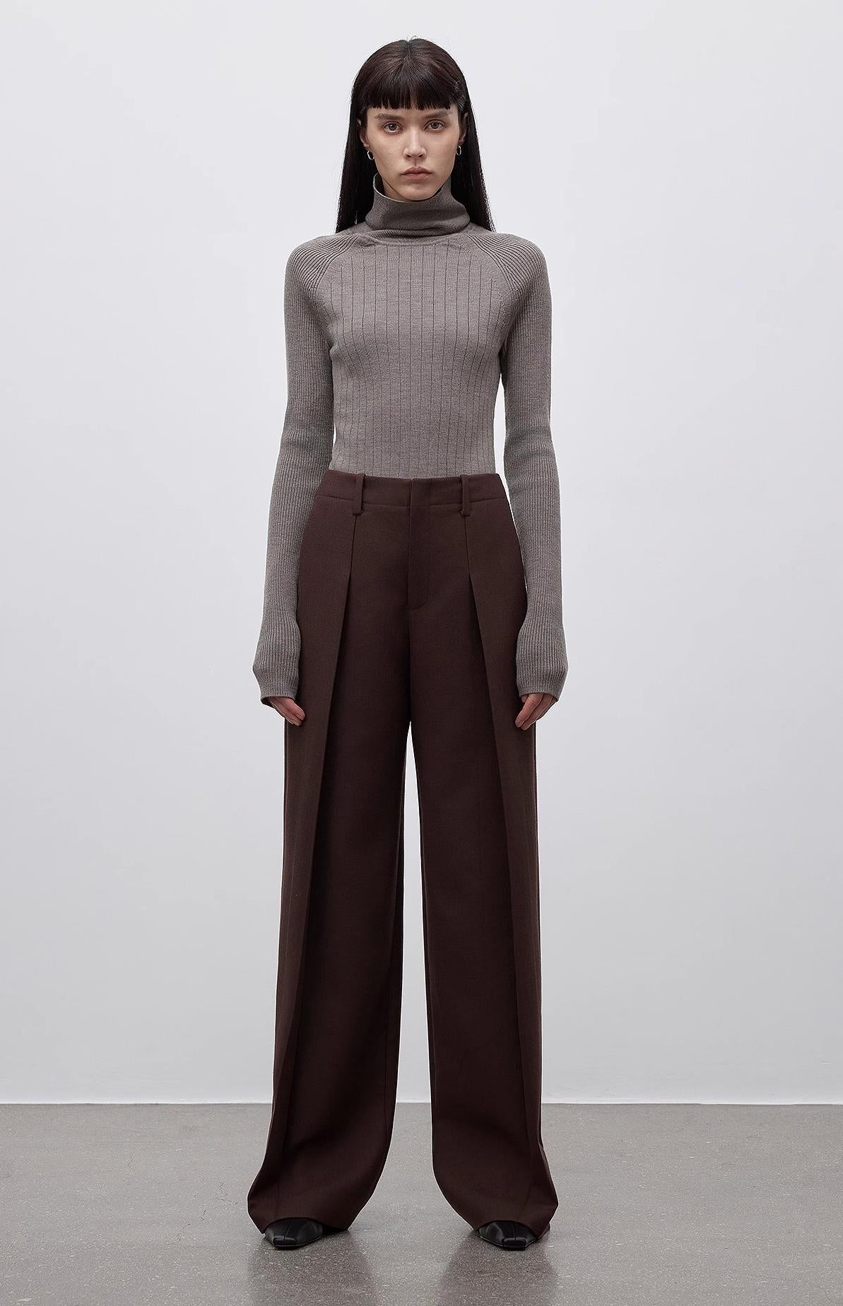 Imported wool pleated high-waisted straight-leg all-match slimming suit trousers for women