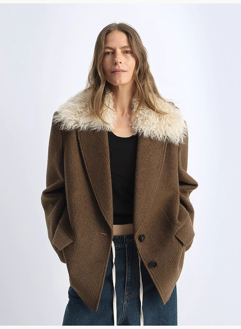 "Vertical Texture" Wool Tweed Coat Detachable Fur Collar Suit Parker