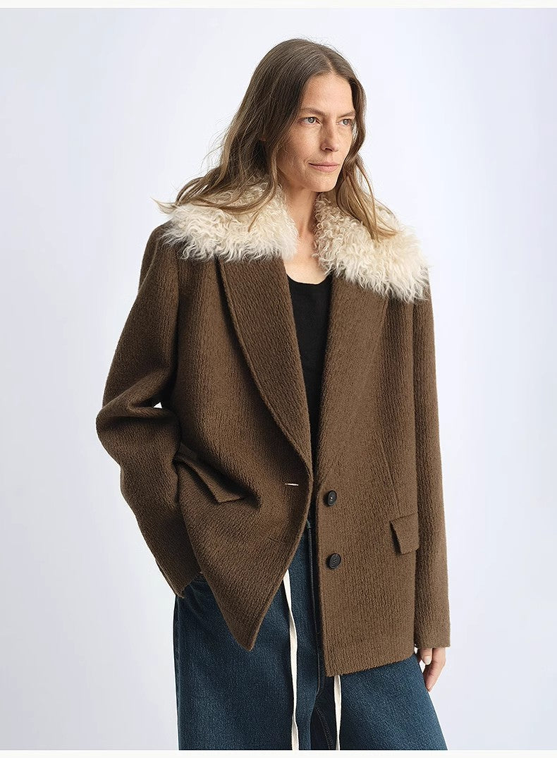 "Vertical Texture" Wool Tweed Coat Detachable Fur Collar Suit Parker
